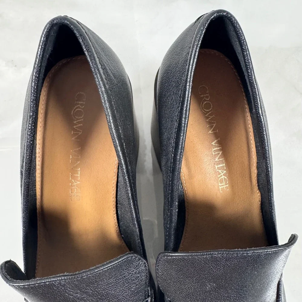 Crown Vintage Caitlun‎ Black Leather Slip On Loafers Pumps Chunky Heel Y2K 9M